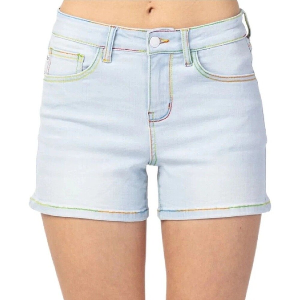 JUDY BLUE Jean Shorts Rainbow Stitch Mid Rise Shorts Light Blue‎